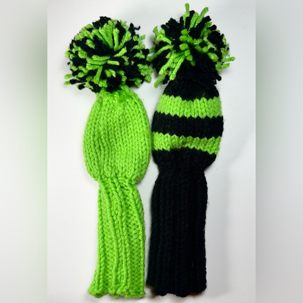 Set Of Two Handmade Hand Knit Pom Pom Style Golf Club Covers Green Black NOOB